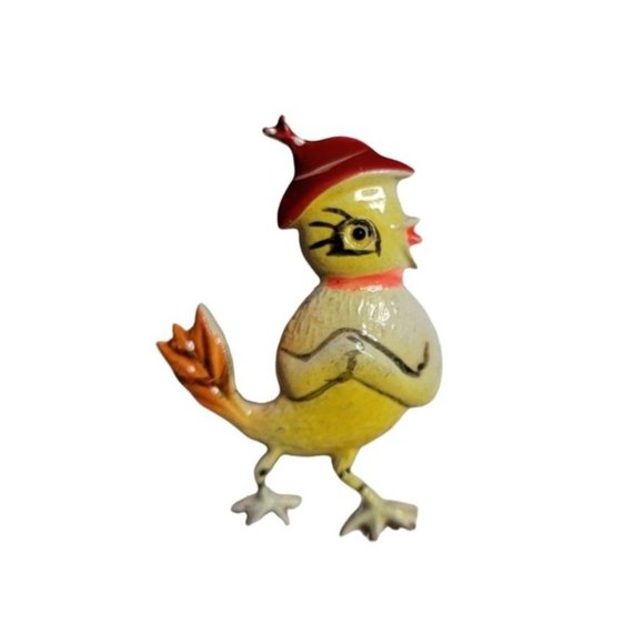 Vintage Happy Chicken Hand Painted Metal Brooch Pin 1.75 inch - Picture 1 of 4